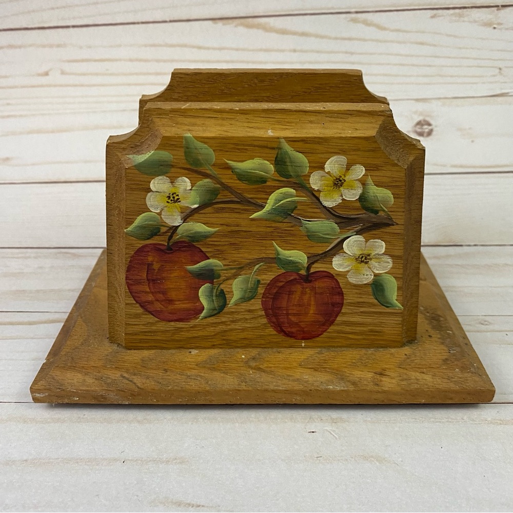 Vintage Hand Painted Apple Blossoms Wooden Napkin or Letter Holder